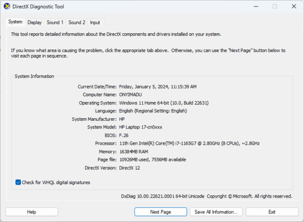 DirectX Diagnostic Tool