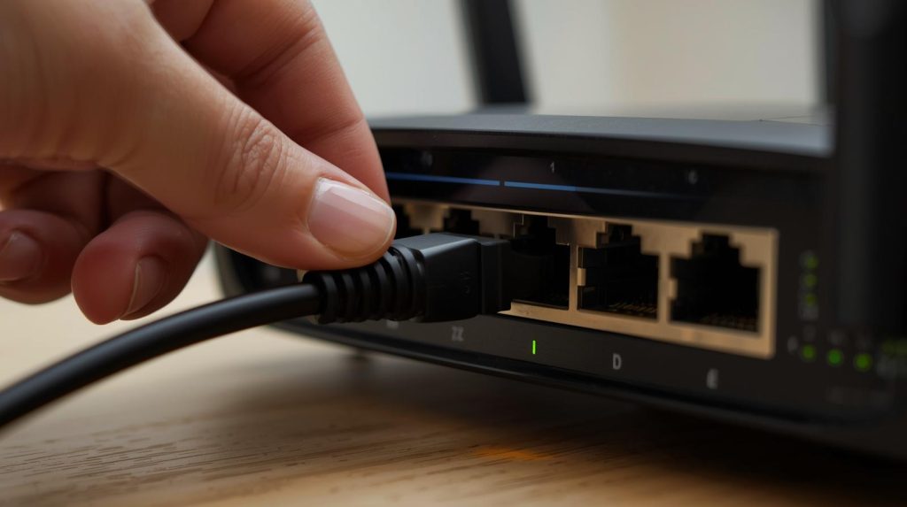 plugging the ethernet cable into a router