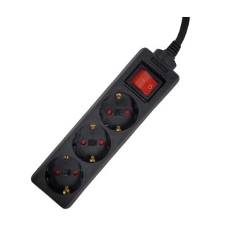 Abstandshalter-Verlängerungskabel, Schuko x 3, Schuko (T)-Anschluss, Schalter, 1,5 m Kabel, 16 A, Kinderschutz, schwarz