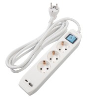 Rallonge USB Spacer PP-3-18-TC-USB, Schuko x 3, Type-C x1, USB 3.1A x 1, câble 1,8 m, 16A, max. 3500W, protection de l’enfance, interrupteur, gris