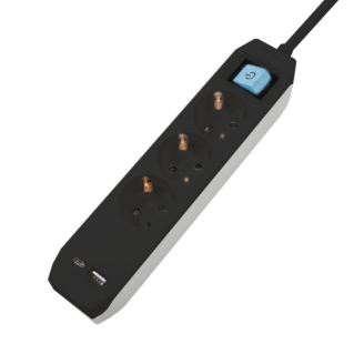 Αποστάτης PP-3-30B-TC-USB Καλώδιο επέκτασης USB, Schuko x 3, Type-C x1, USB 3.1A x 1, Καλώδιο 3m, 16A, Μέγ. 3500W, Προστασία παιδιών, Διακόπτης, Μαύρο