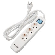 USB-Abstandshalter-Verlängerungskabel PP-3-30-TC-USB, Schuko x 3, Typ-C x1, USB 3.1A x 1, 3m-Kabel, 16A, maximal 3500W, Kinderschutz, Schalter, grau