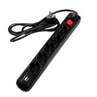 Abstandshalter PP-5-18B-USB VERLÄNGERUNGSKABEL, USB 2.1 Schnellladung x 2, Schuko x 5, 1,8m Kabel, 16A, Kinderschutz, Überspannungsschutz, schwarz